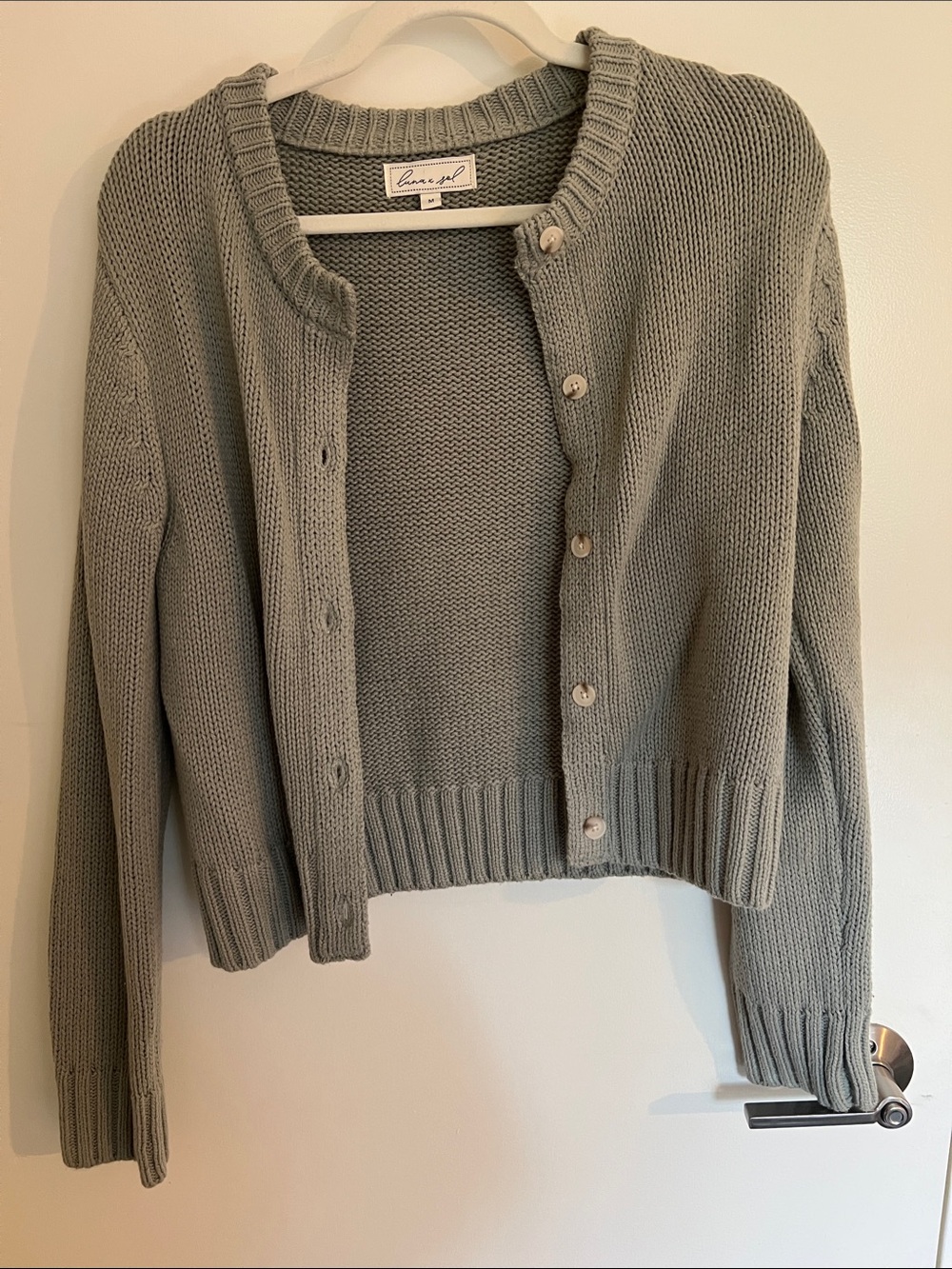 Sage Gray Cropped Knit Button Cardigan
